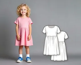 Girls T-Shirt Dress Sewing Pattern, Short Sleeve Gathered Waist Knee Length Dress, Easy DIY Beginner PDF for Kids and Toddlers