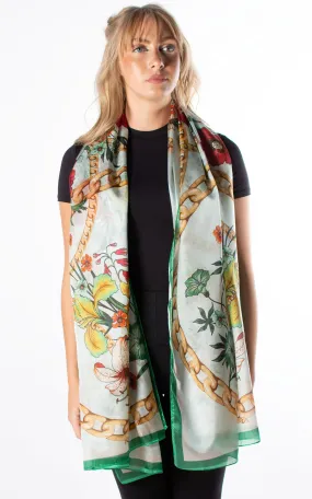 Green Chain & Flowers Silk Scarf