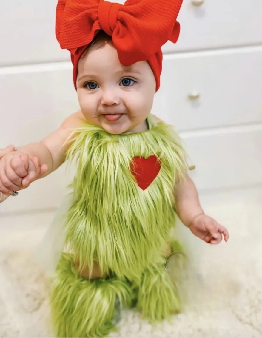 Green Grinch Baby Girl Costume , Faux Fur Tulle Tutu Romper Dress And Leg Warmers Socks