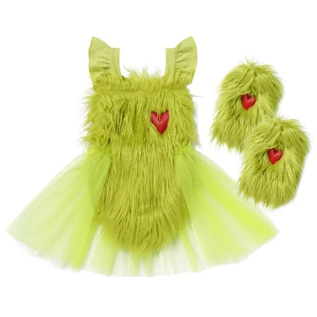 Green Grinch Baby Girl Costume , Faux Fur Tulle Tutu Romper Dress And Leg Warmers Socks