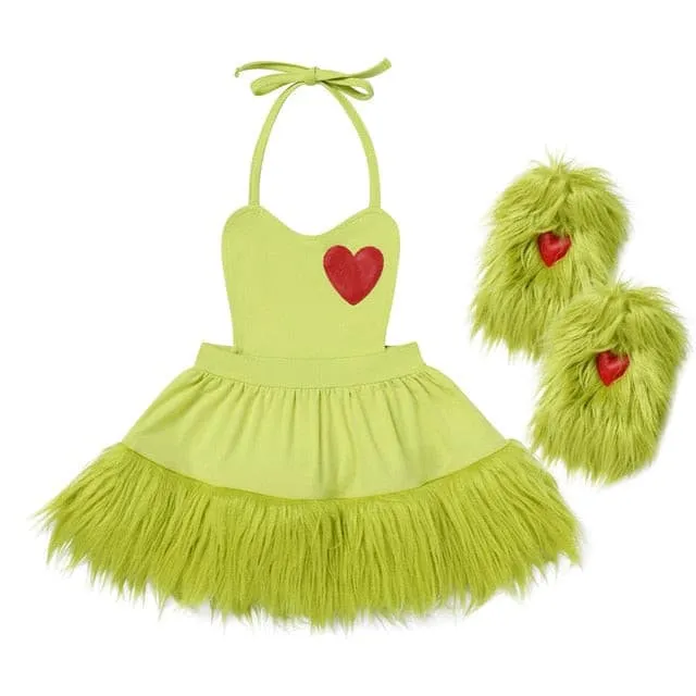 Green Grinch Dress - Baby Girl Faux Fur Dress And Leg Warmer Socks