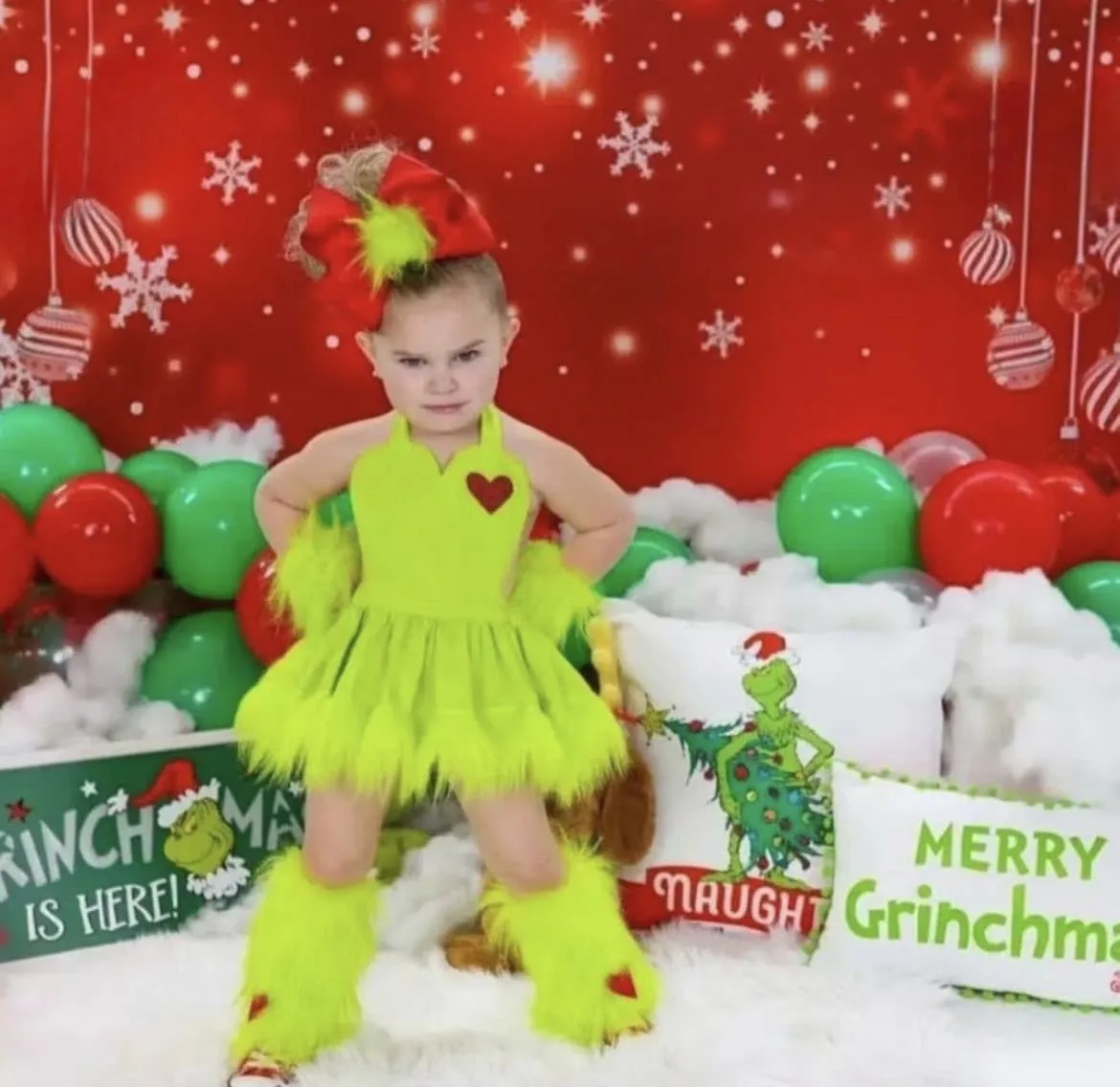 Green Grinch Dress - Baby Girl Faux Fur Dress And Leg Warmer Socks