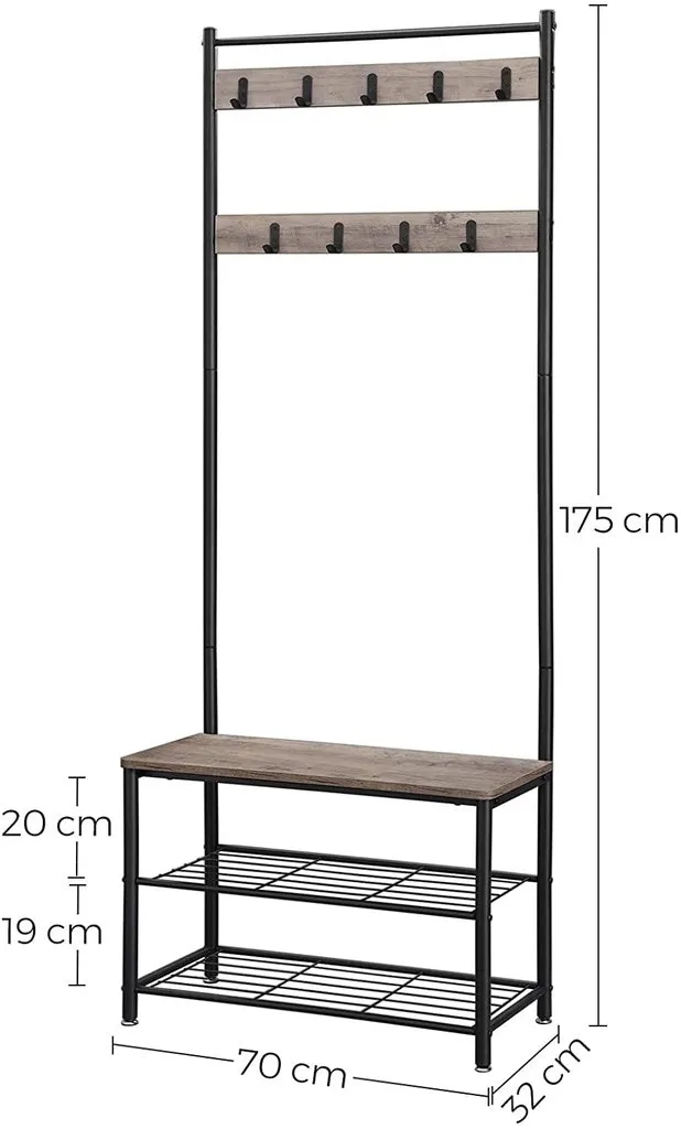 Greige 175cm Coat Rack Stand with Shoe Bench & Hooks