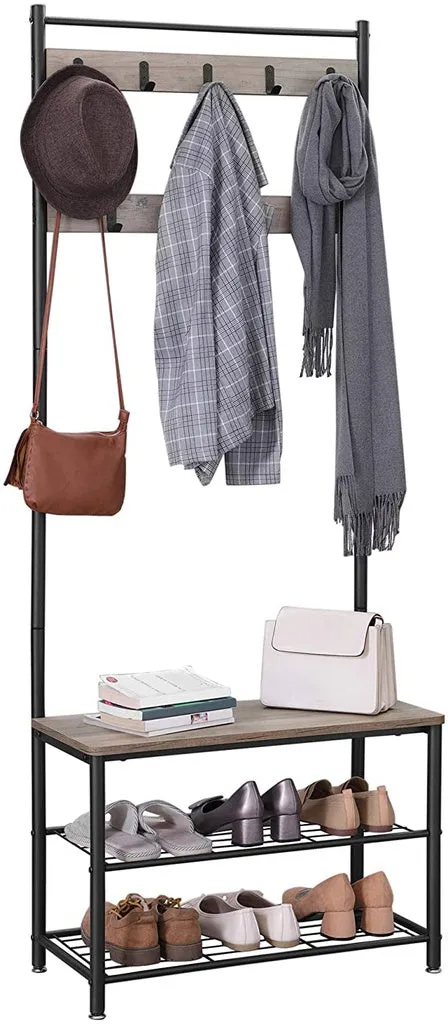 Greige 175cm Coat Rack Stand with Shoe Bench & Hooks