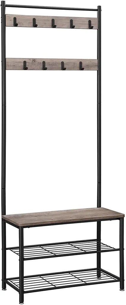 Greige 175cm Coat Rack Stand with Shoe Bench & Hooks