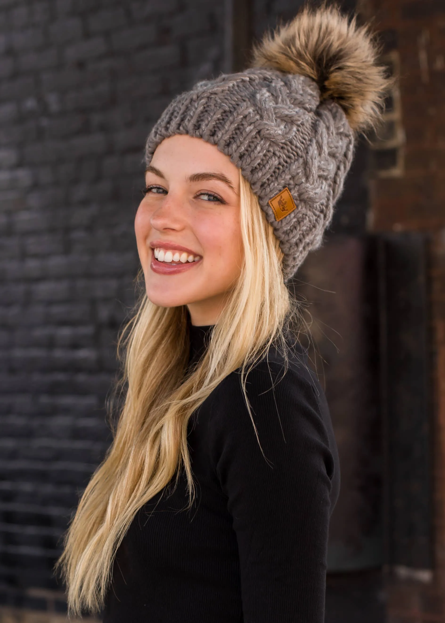 Grey Cable Knit Pom Hat