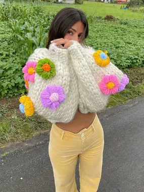 Handmade Autumn Button Flower Crochet Sleeve Street Lantern High Sweet Sweater