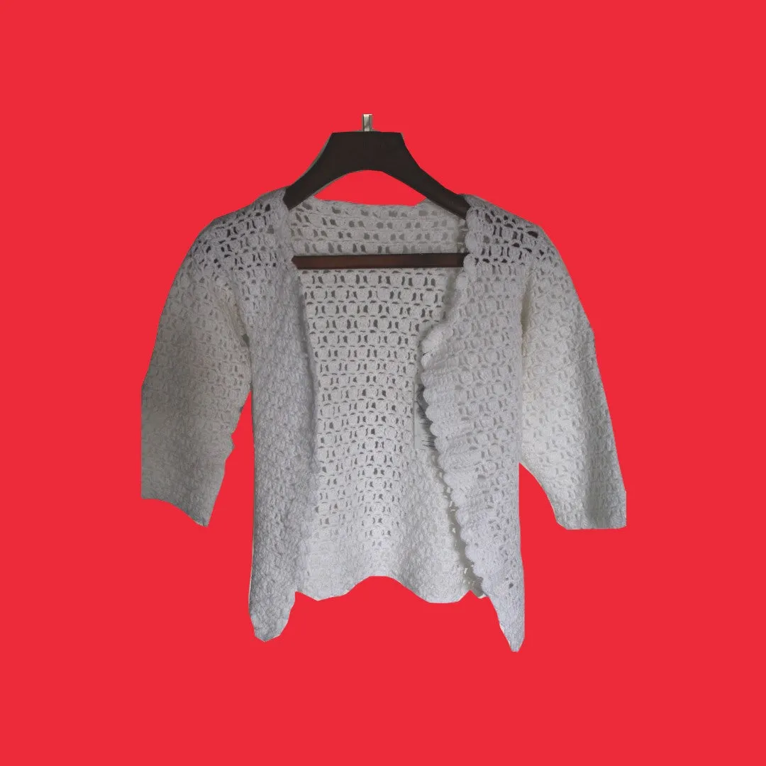 Handmade Graminarts Crochet Pattern Woolen Cardigan For Ladies - White