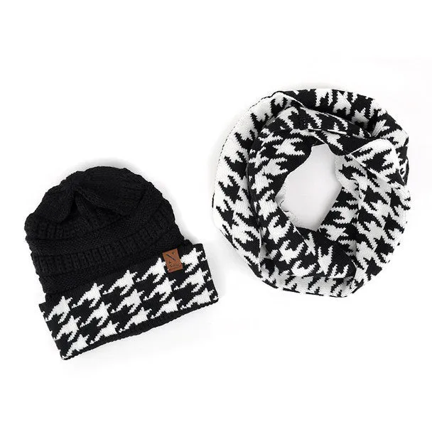 *Hat & Scarf Set - Women's 2pc Reversible Houndstooth Hat & Infinity Scarf Set