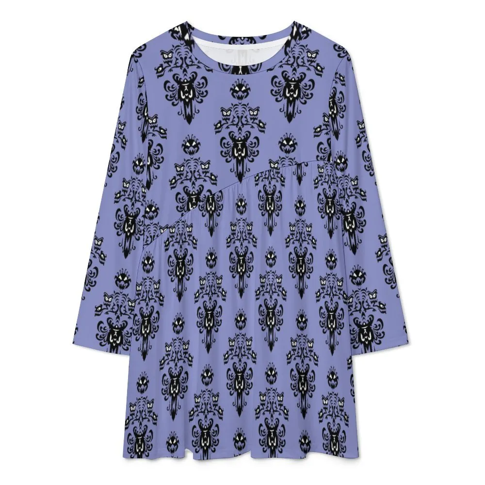 Haunted Mansion Wallpaper Long Sleeve Patchwork T-shirt Dress