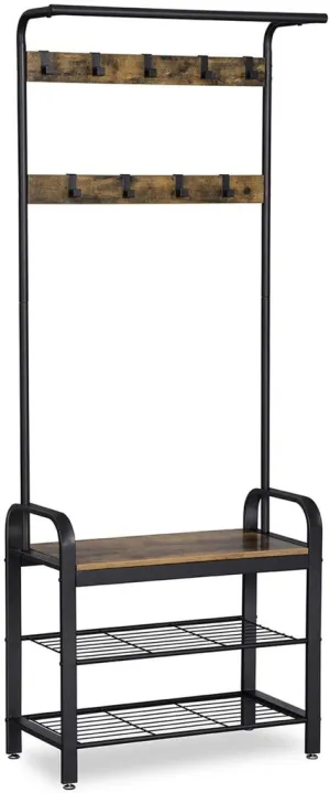 Industrial Coat Rack Stand with Shoe Bench, 183cm, VASAGLE