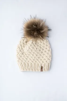 Ivory Peruvian Wool Knit Hat with Faux Fur Pom Pom