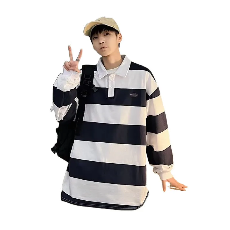 Jinquedai streetwear men outfits Retro Color Matching Striped Long-Sleeved Polo Shirt Men's Fashion Brand Loose Boyfriend Style Couple Casual Sweater Jacket