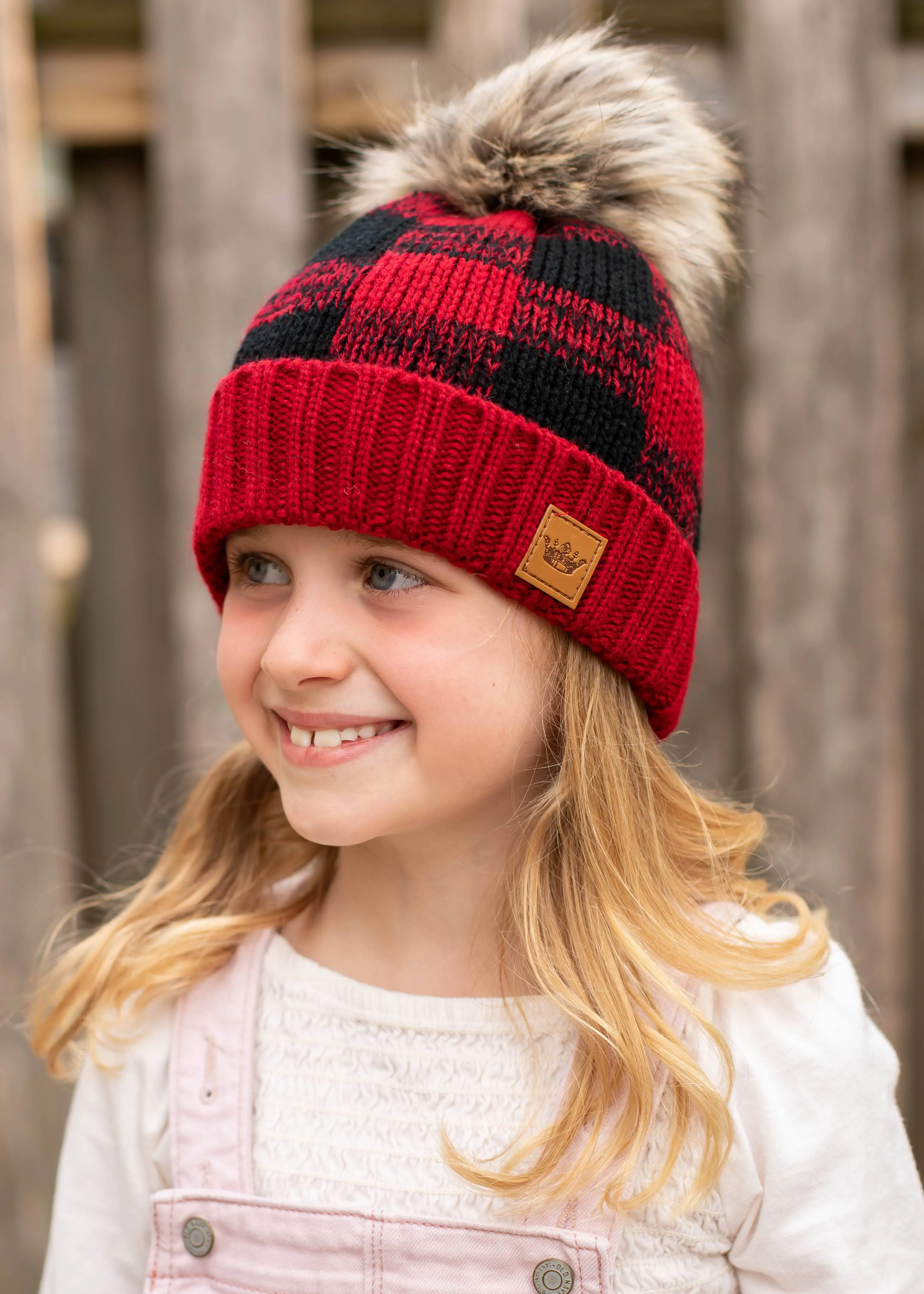 KIDS Red Buffalo Plaid Pom Hat