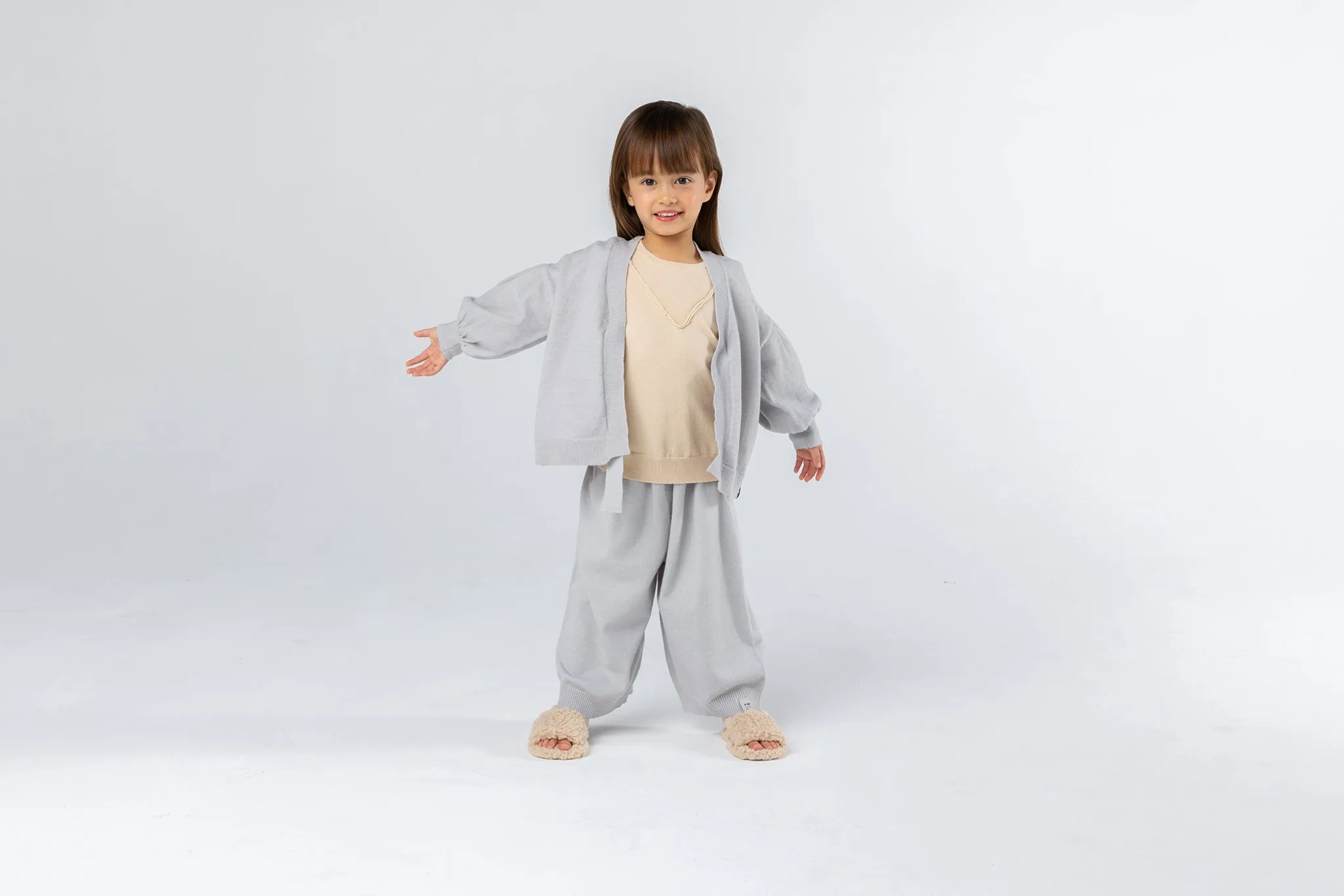 Kids Wide Pull-On Pants in Light Grey Brushed Knit