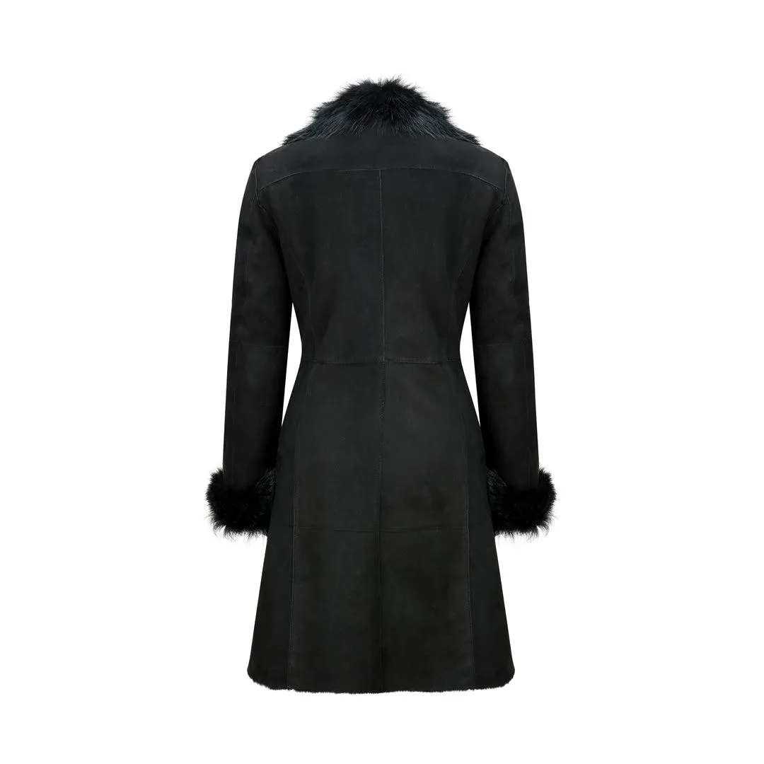 Ladies Real Sheepskin Jacket Suede Button Slim Fit 3/4 Long Trench Coat Designer