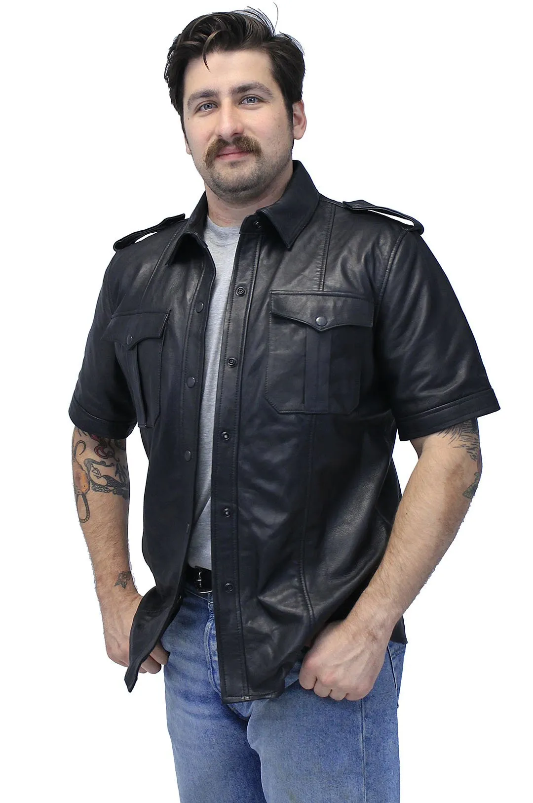 Lambskin Short Sleeve Uniform Leather Shirt #MS2300K