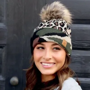 Leopard & Camo Fleece Lined Faux Fur Pom Winter Beanie Hat Womens