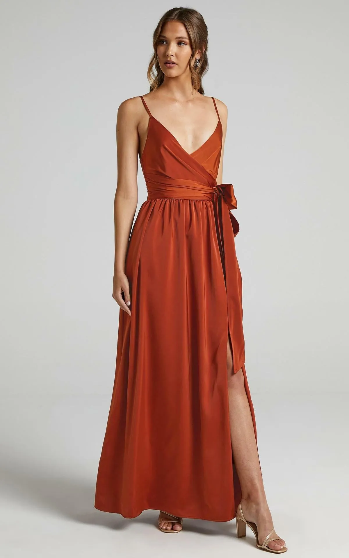 Limelight Satin High Low Maxi Dress - Camel