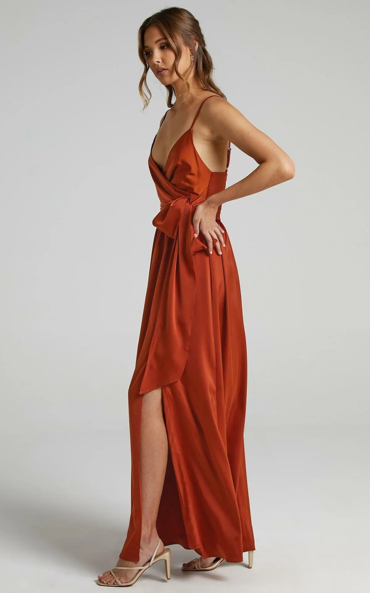 Limelight Satin High Low Maxi Dress - Camel