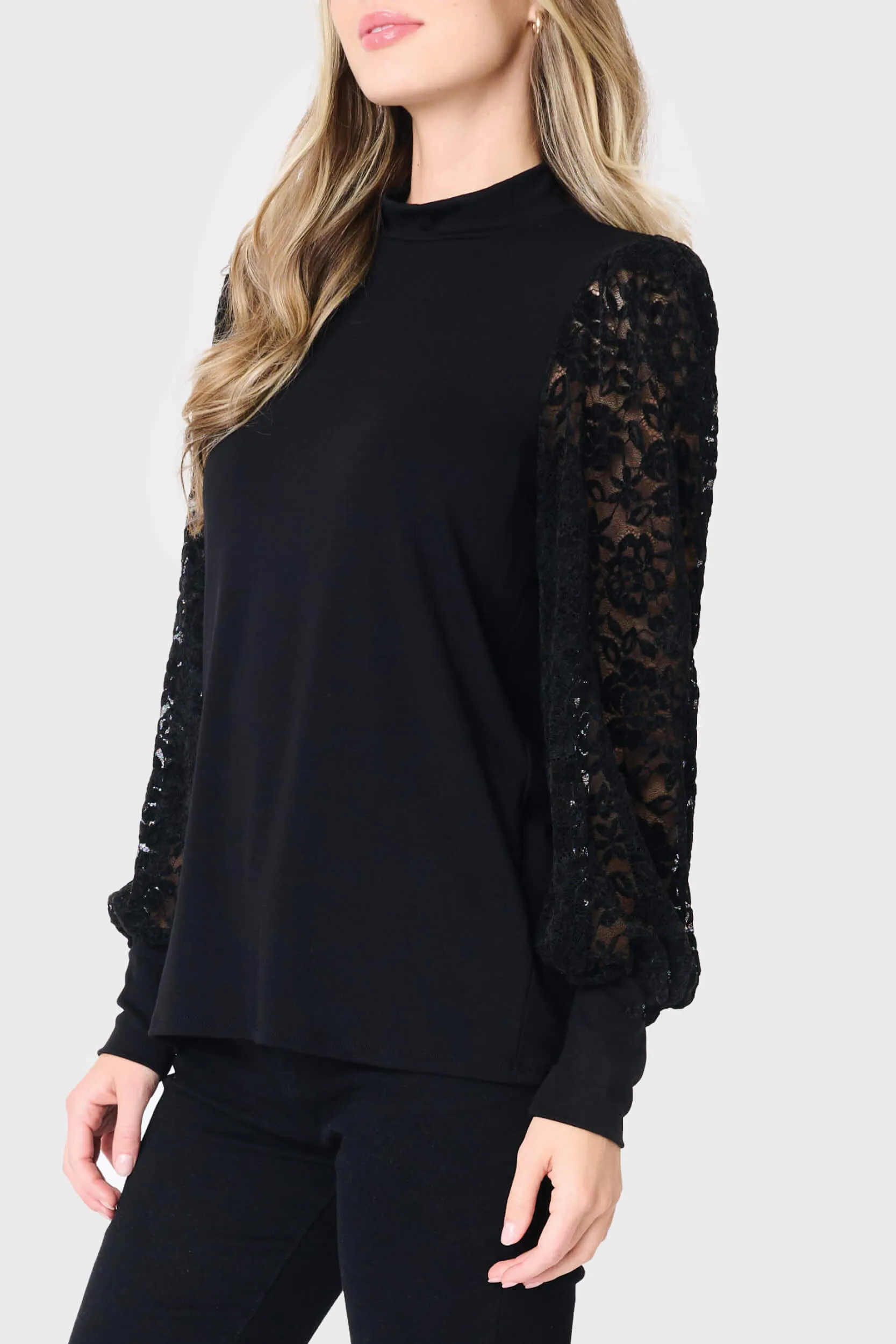 Long Sleeve Lace High Neck Knit Mix Top