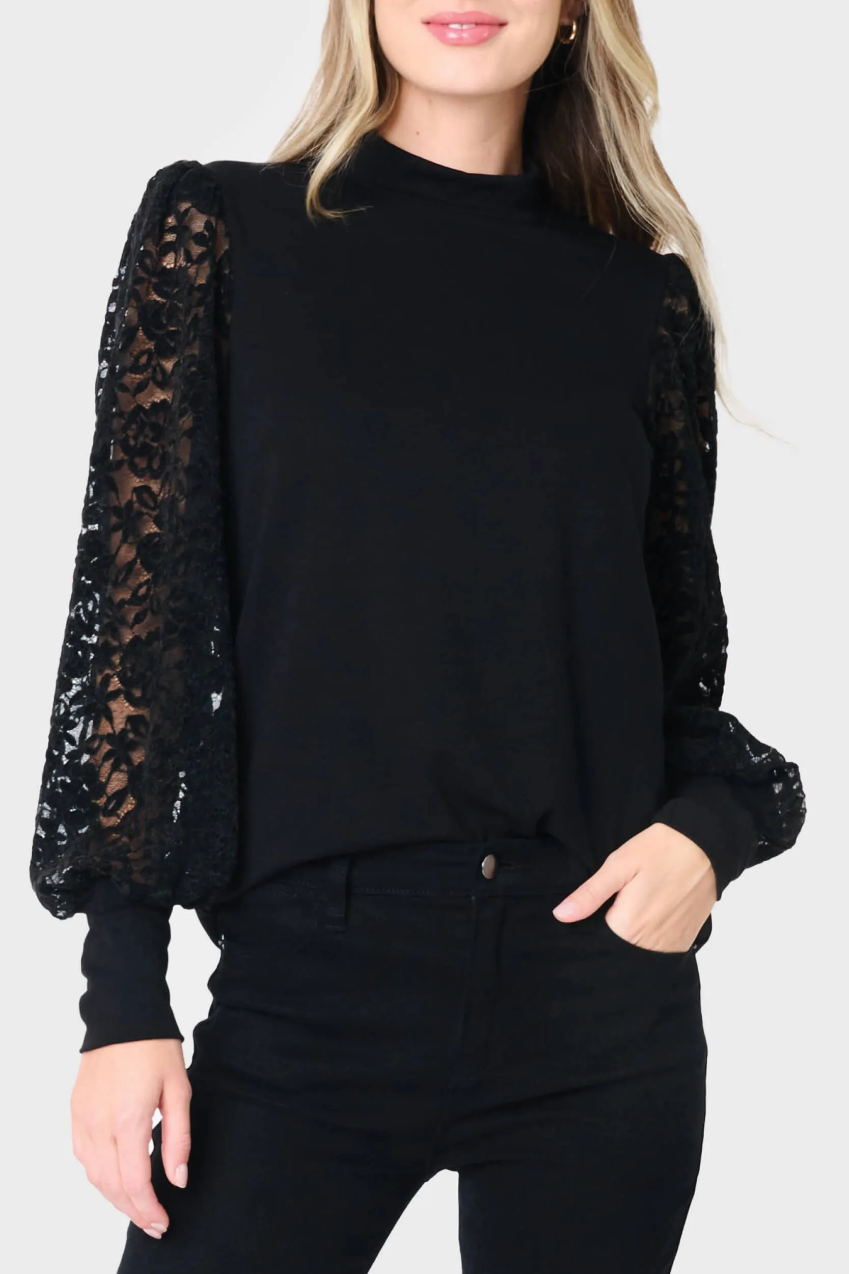 Long Sleeve Lace High Neck Knit Mix Top