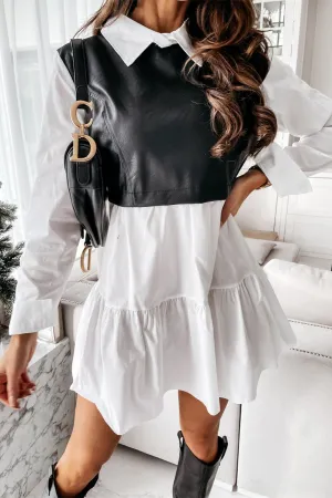 Long Sleeve PU Leather Patchwork Shirt Dress