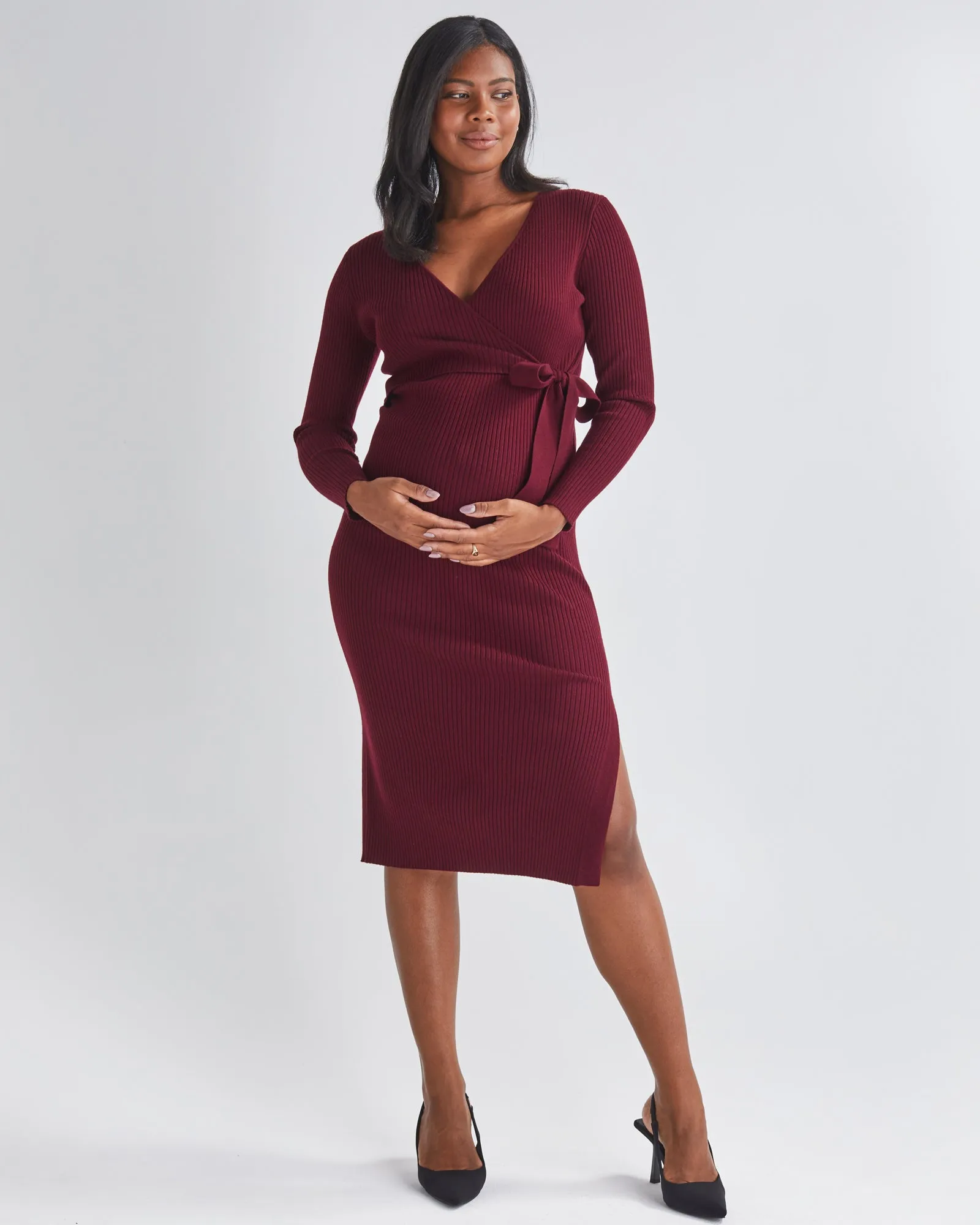 Lucille Knit Maternity Midi Dress in Burgundy