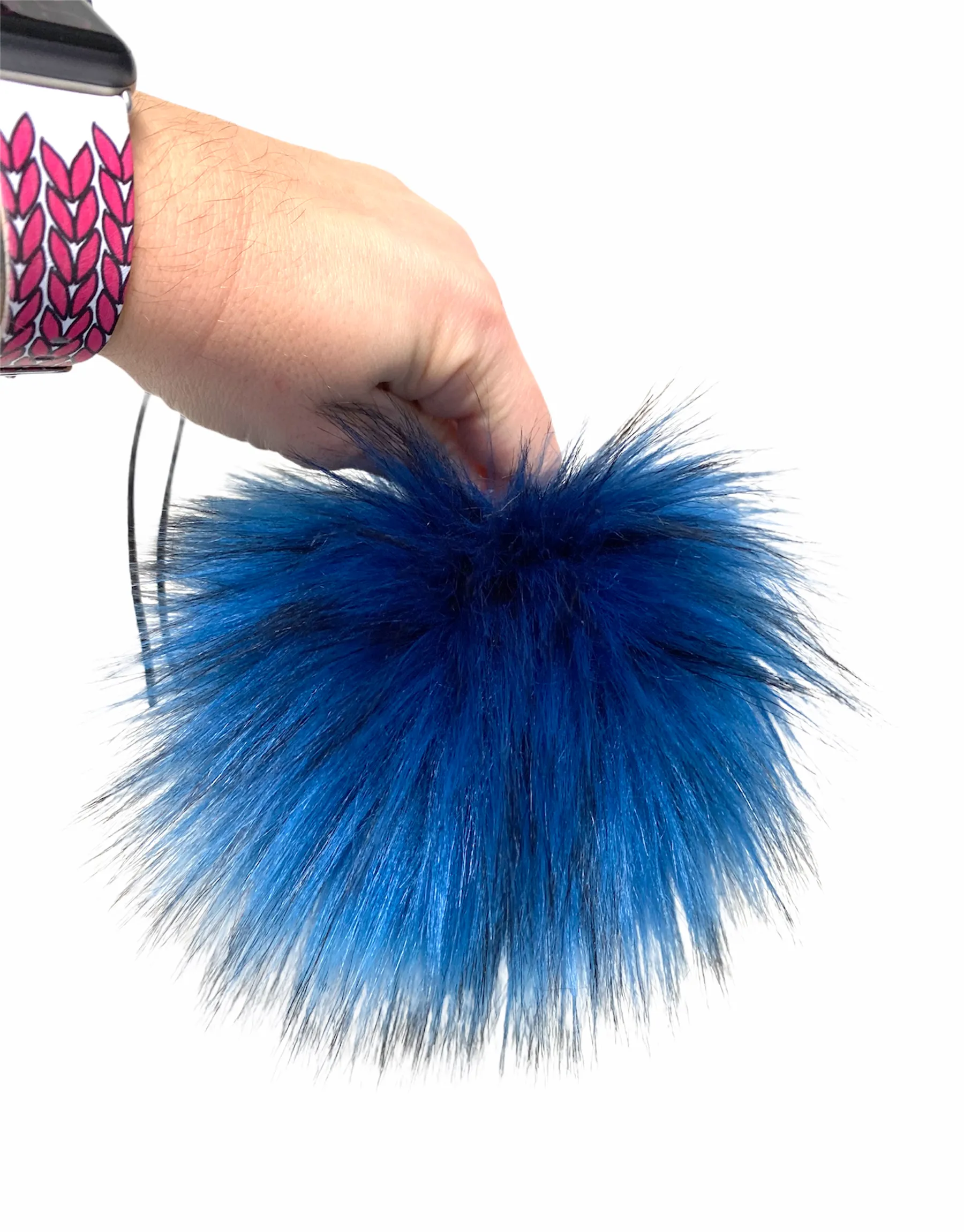 MADE TO ORDER Fun and funky blue with black faux fur pom pom with wooden button