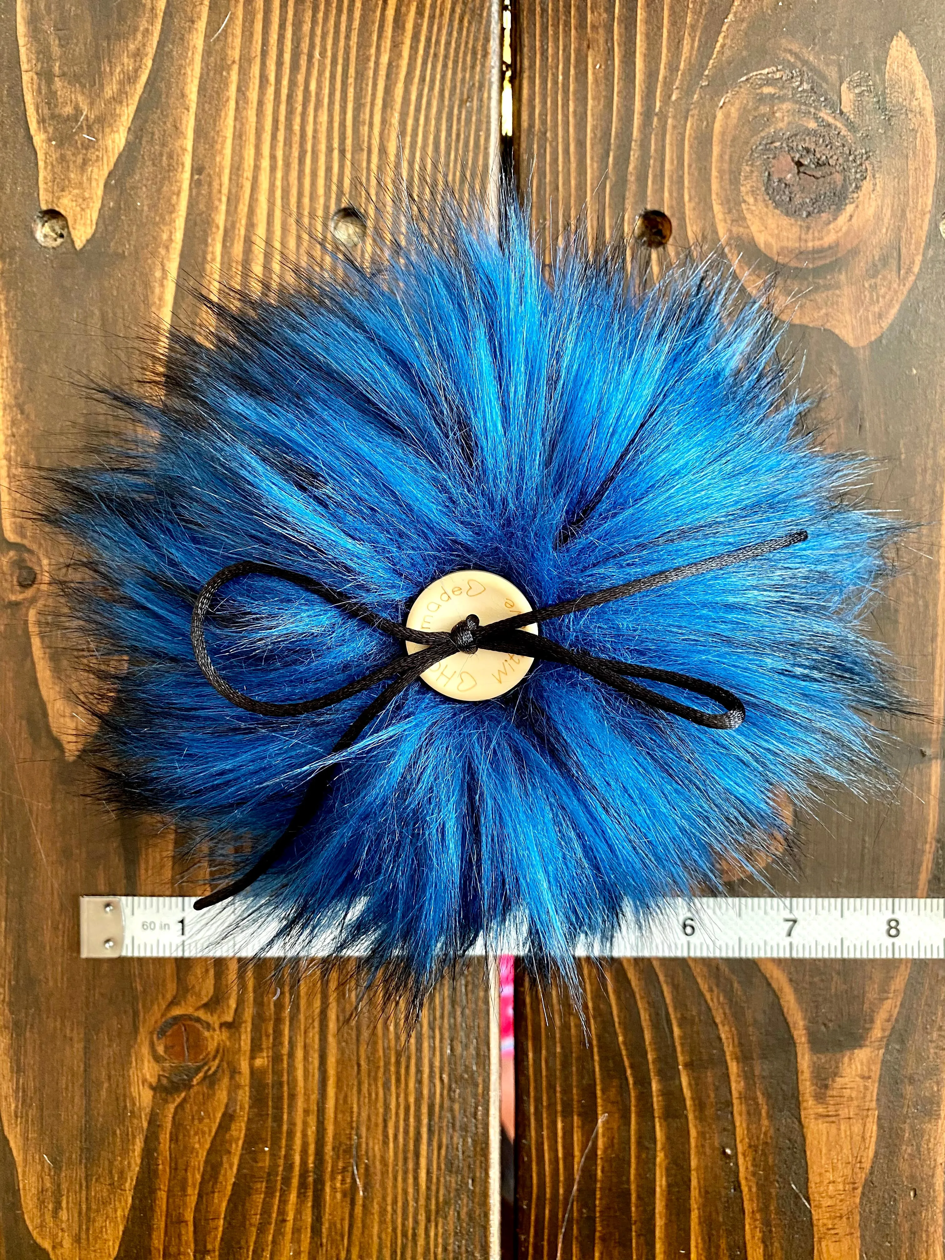 MADE TO ORDER Fun and funky blue with black faux fur pom pom with wooden button