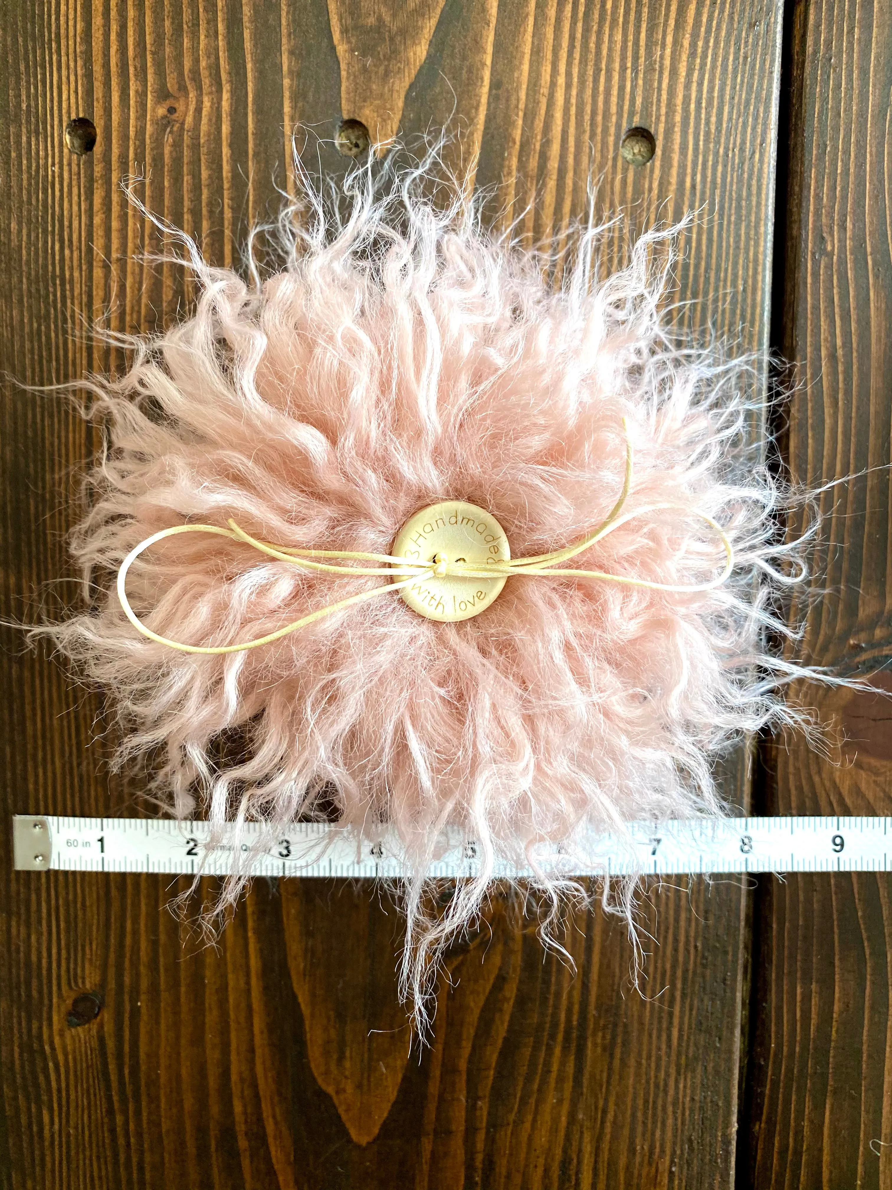 MADE TO ORDER Fun and funky blush pink crimped faux fur pom pom with wooden button