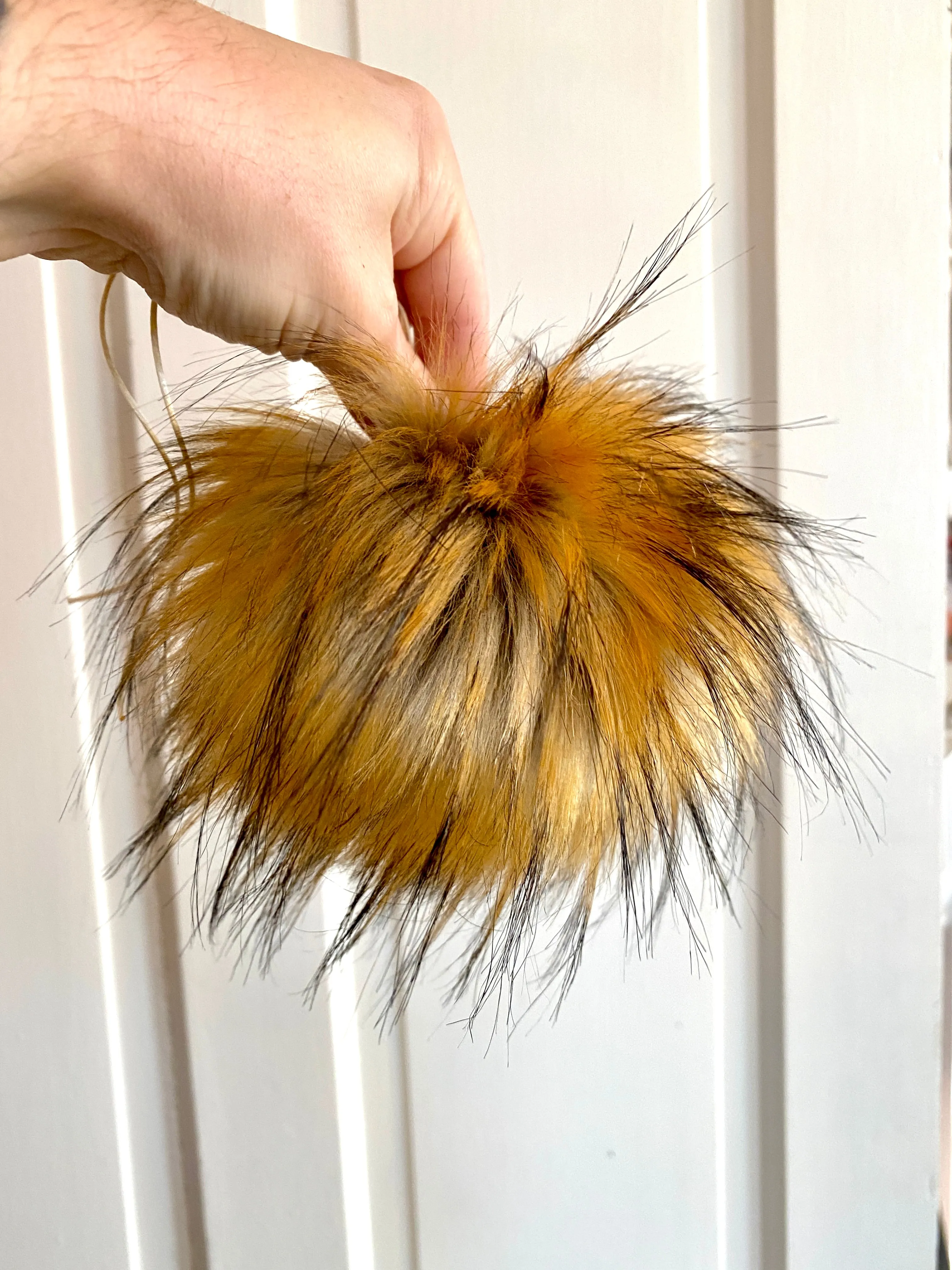 MADE TO ORDER Fun and funky brown gray with long dark brown tip faux fur pom pom with wooden button