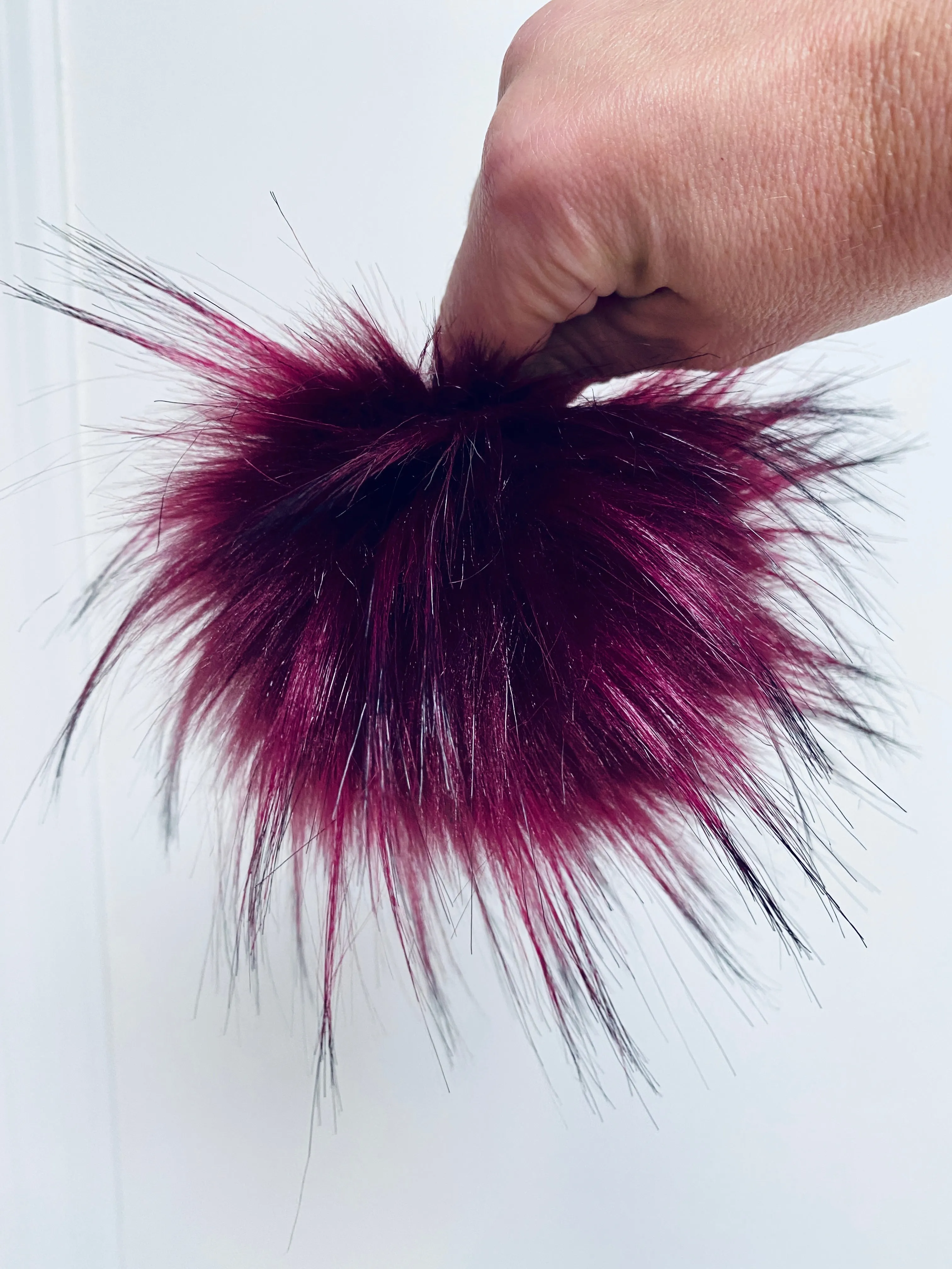 MADE TO ORDER Fun and funky merlot wine maroon with long black tips faux fur pom pom with wooden button