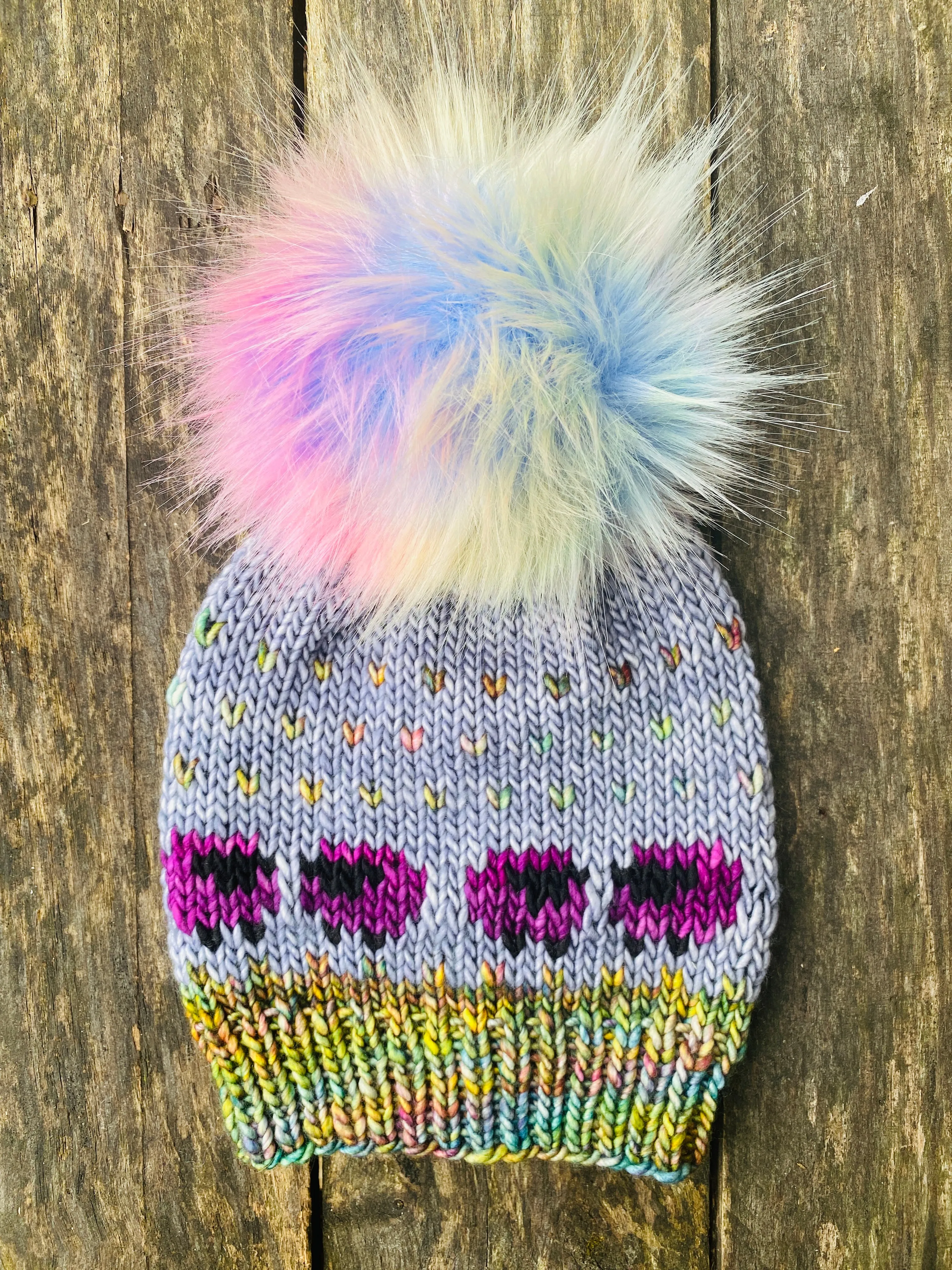 MADE TO ORDER Fun and funky rainbow blue purple faux fur pom pom with wooden button