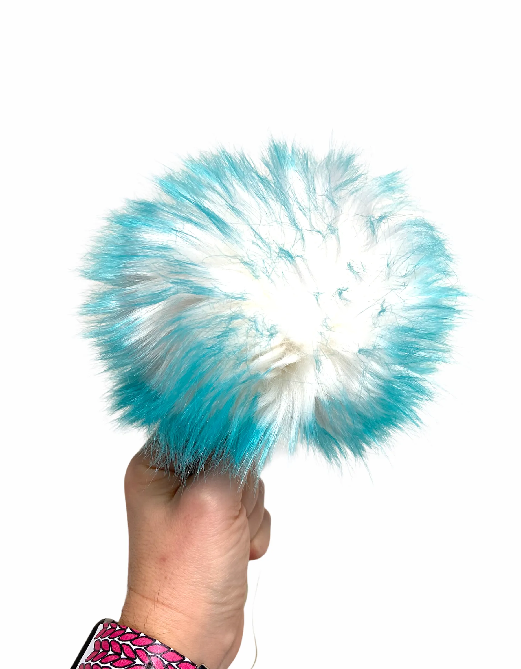 MADE TO ORDER Fun and funky white with aqua teal tip faux fur pom pom with wooden button