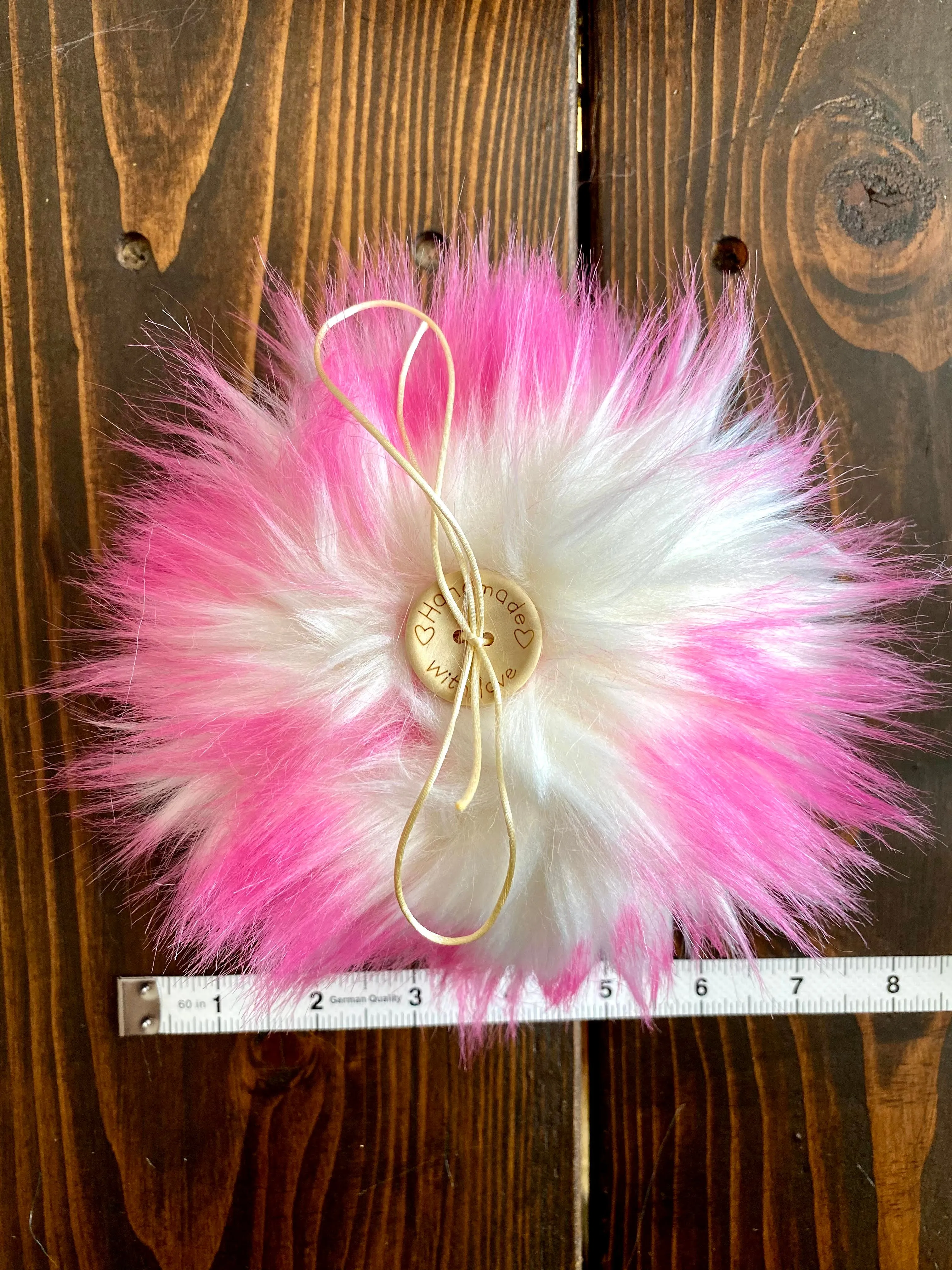 MADE TO ORDER Fun and funky white with hot pink tip faux fur pom pom with wooden button