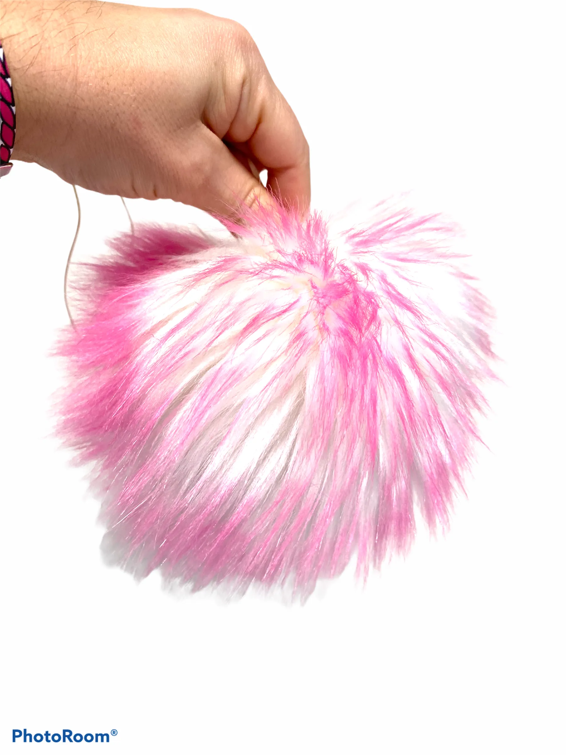 MADE TO ORDER Fun and funky white with hot pink tip faux fur pom pom with wooden button