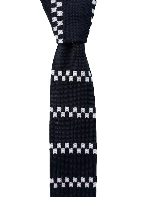 Mainly Black with White and Black Checkerboard Striped Knitted Tie