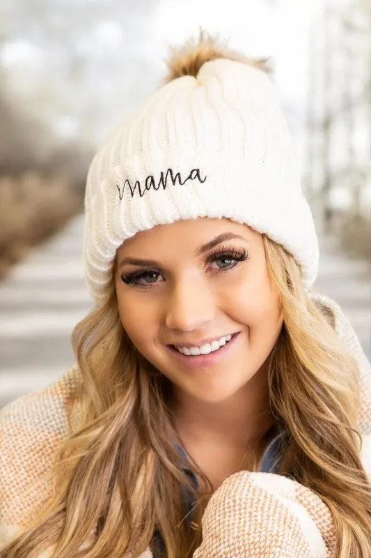 Mama Embroidered Faux Fur Pom Beanie Cap