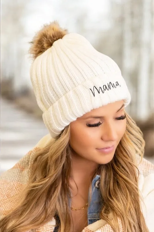 Mama Embroidered Faux Fur Pom Beanie Cap