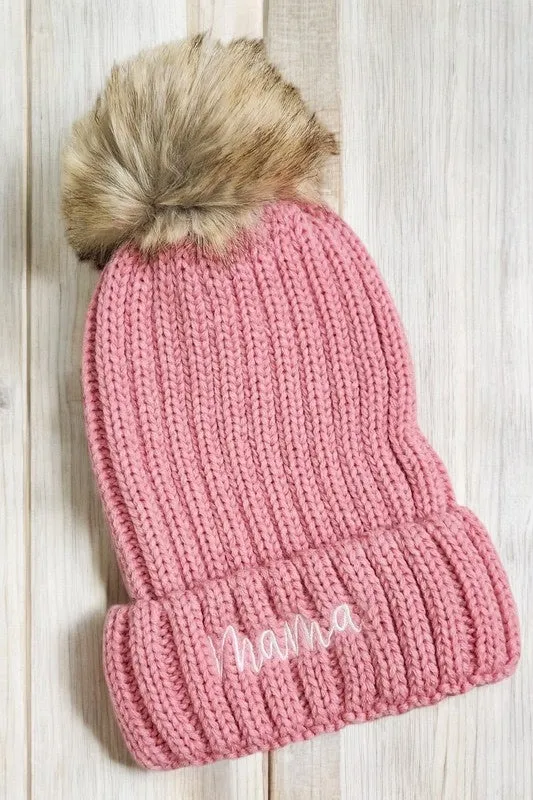 Mama Embroidered Faux Fur Pom Beanie Cap