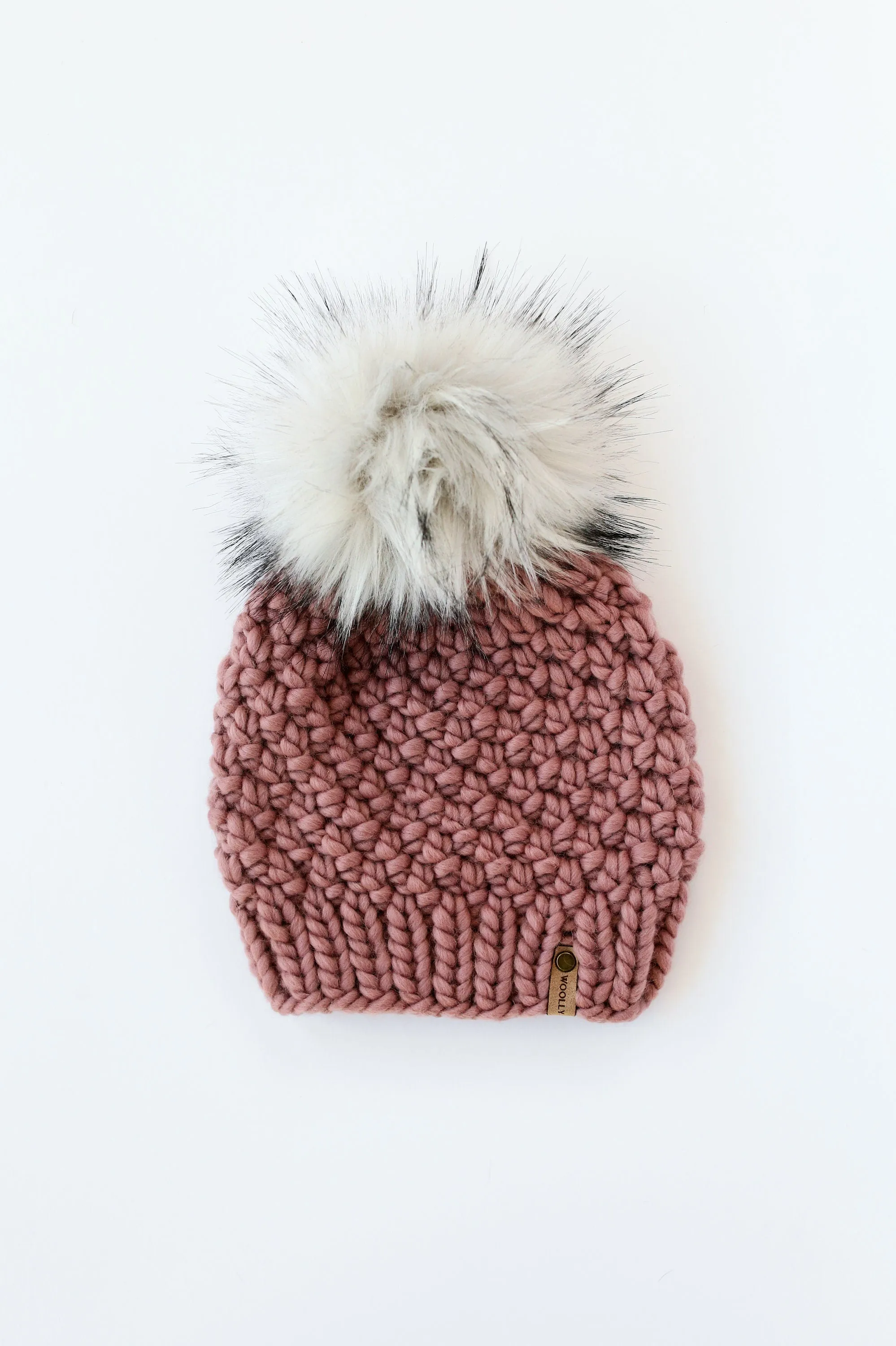 Mauve Peruvian Wool Knit Hat with Faux Fur Pom Pom