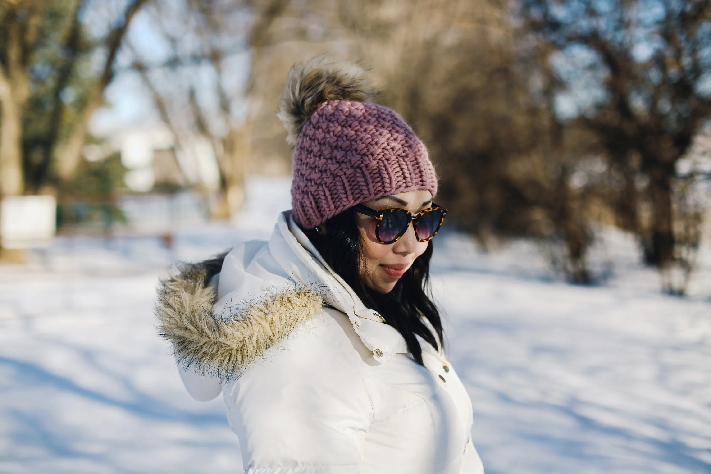 Mauve Peruvian Wool Knit Hat with Faux Fur Pom Pom