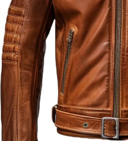 Men Stylish Belted Brown Vintage Leather Biker Jacket