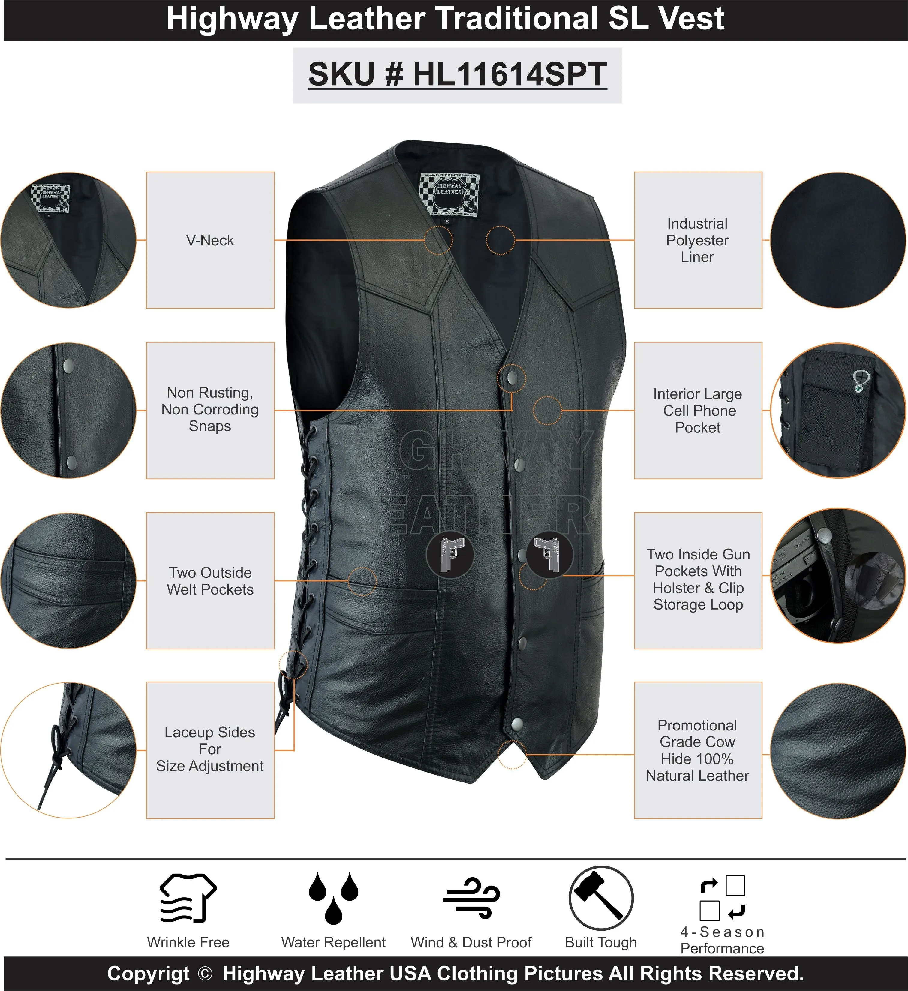 Men's Classic Leather Vest Motorcycle Gun Pockets for Riders, Easy Biker Patch Sewing, Side Lacing Western Cut