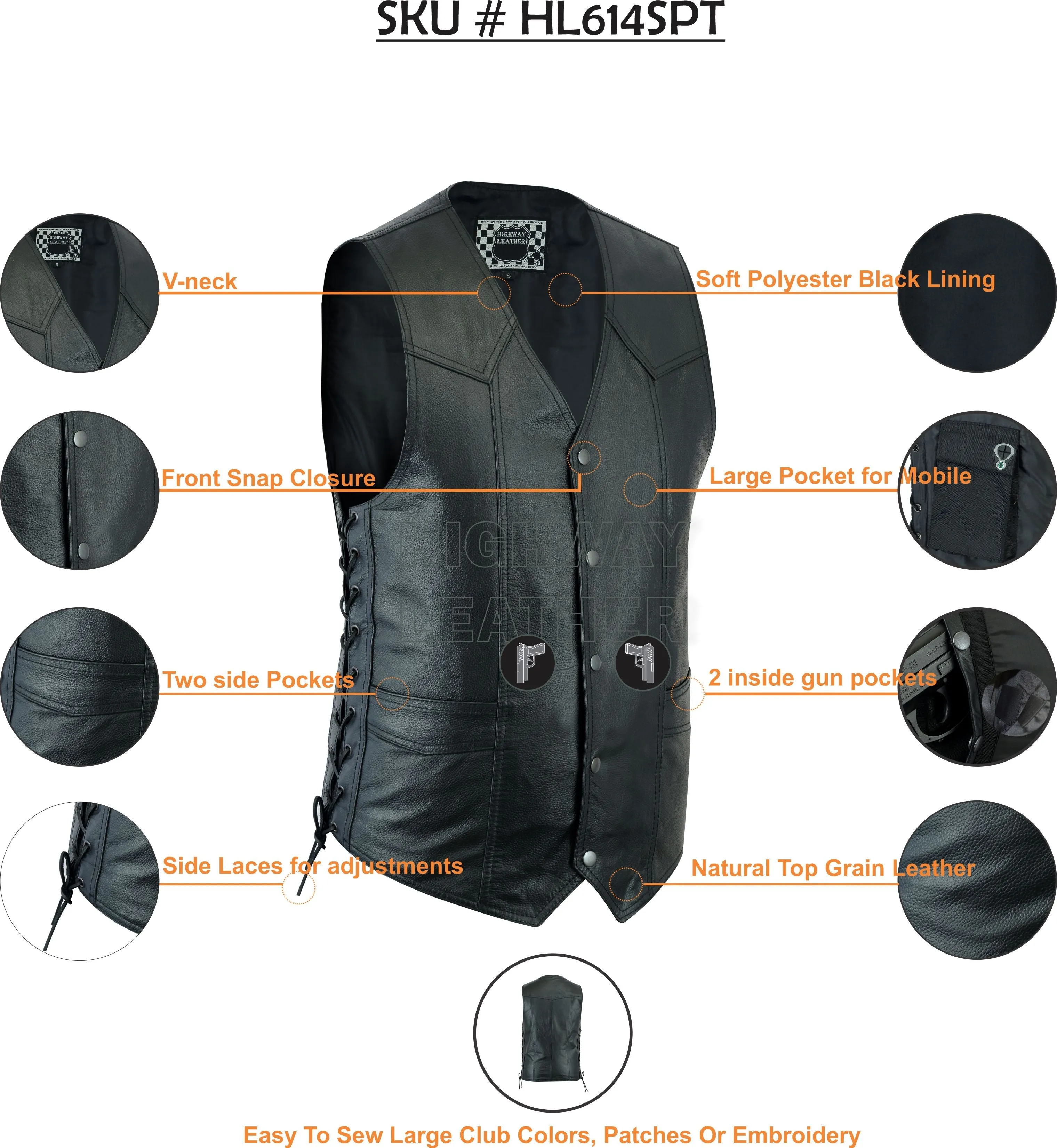 Men's Classic Leather Vest Motorcycle Gun Pockets for Riders, Easy Biker Patch Sewing, Side Lacing Western Cut