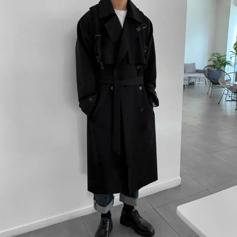 Men's Wear Korean Trend Windbreaker Mid Long Loose Clothes Handsome Male's Autumn Casual Trench Coat With Belt 4312