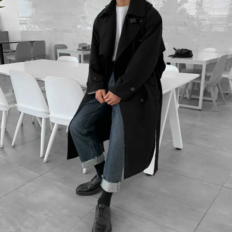 Men's Wear Korean Trend Windbreaker Mid Long Loose Clothes Handsome Male's Autumn Casual Trench Coat With Belt 4312