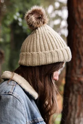 Metallic Rib Knit Beanie with PomPom