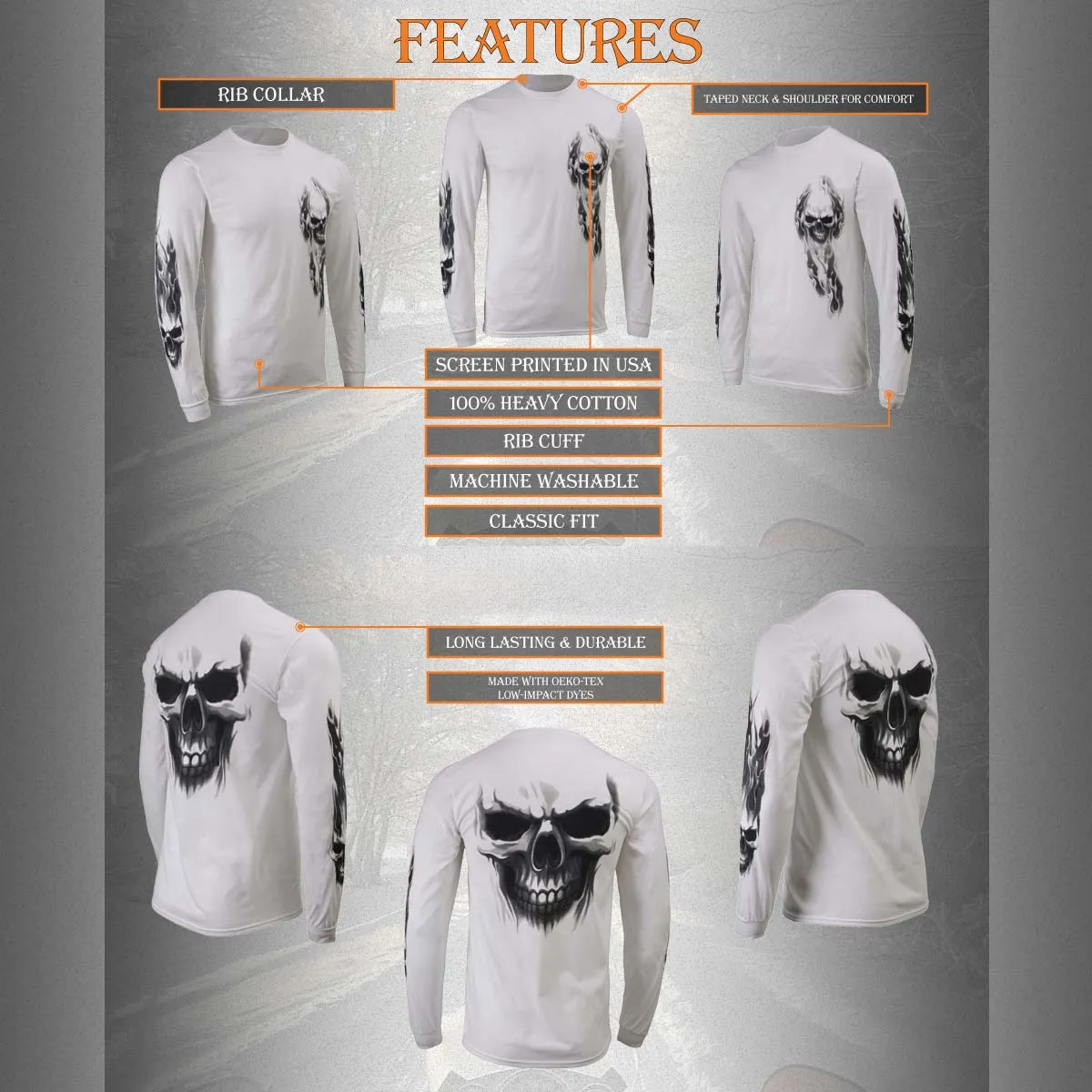 Milwaukee Leather MPMH117004 Men's 'Ghost Skull' White Long Sleeve Printed T-Shirt